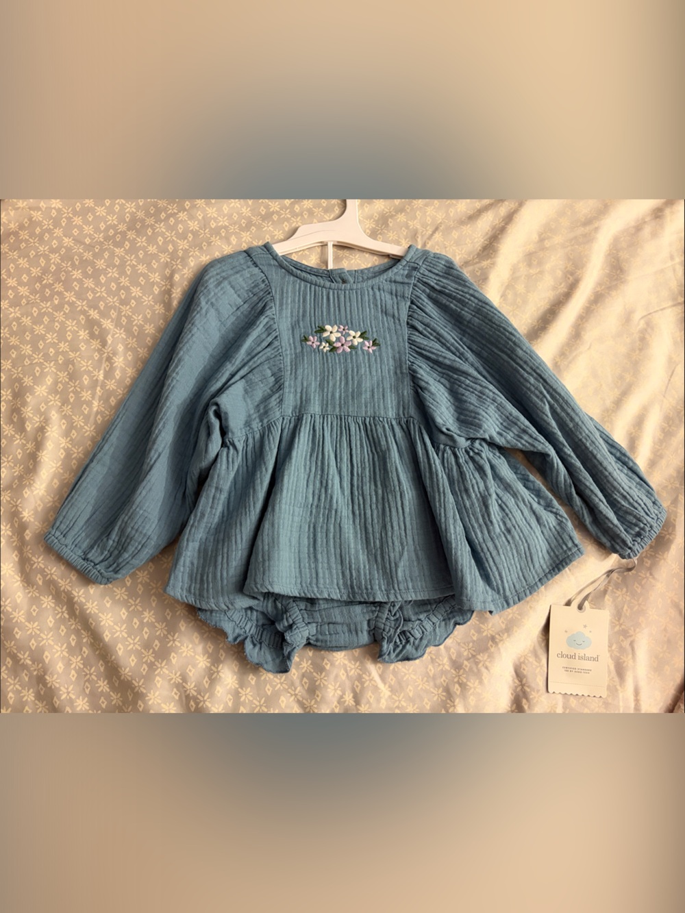 cloud island Blue Textured Puff-Sleeve Blouse with Floral Embroidery